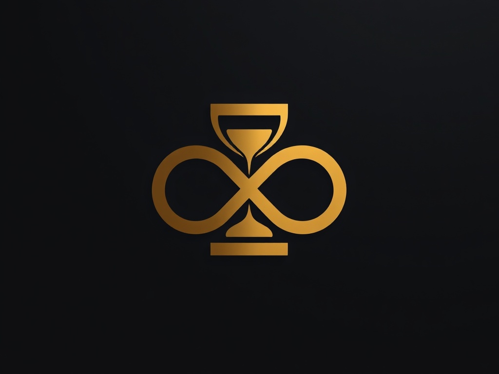 A minimalistic logo mark combining an hourglass and an infinity symbol, gold on dark grey, 8k photorealistic commercial photography