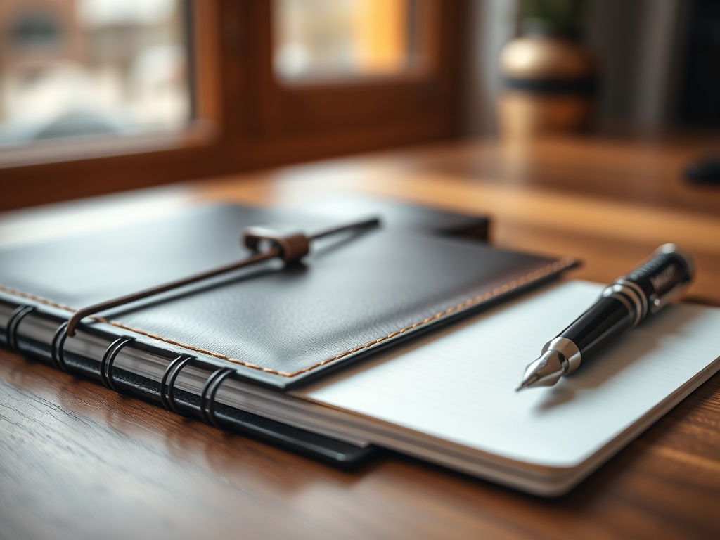 Close-up of a premium leather notebook and a Montblanc pen on a walnut desk, shallow depth of field, soft natural light from a window, 8k photorealistic commercial photography