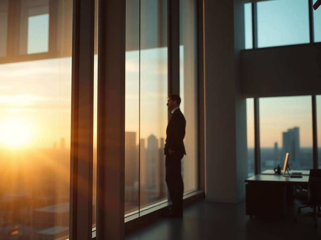 Cinematic wide shot of an executive standing at floor-to-ceiling windows in a minimalist scandinavian office, soft golden hour light streaming in, city skyline blurred in background, photorealistic 8k commercial photography style